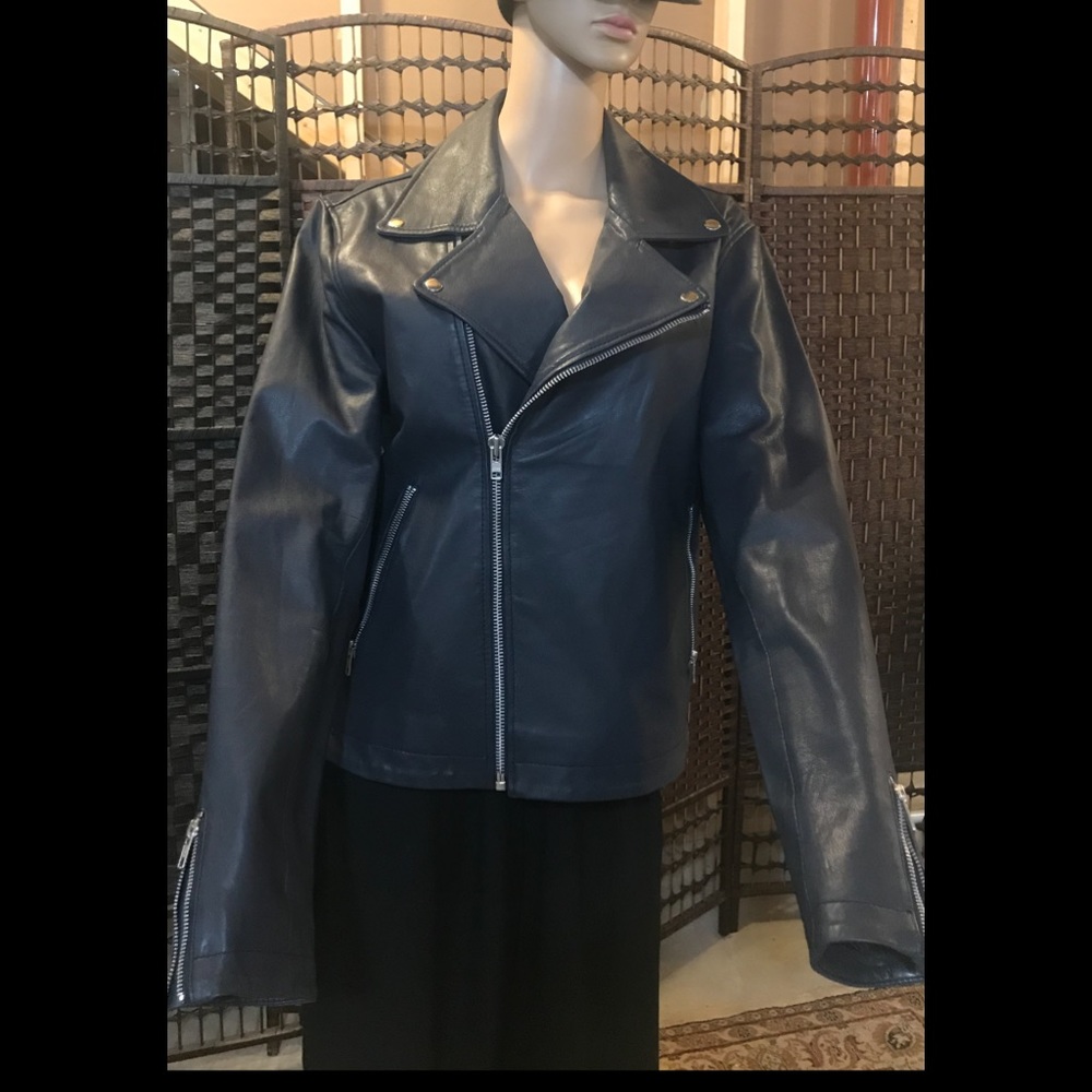 Men’s Topman Leather Jacket. Dark Navy Blue Sz LG